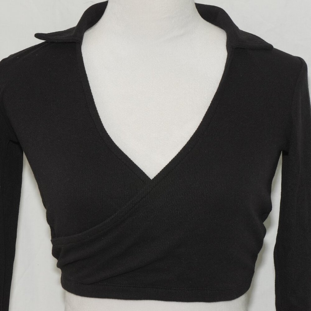 LNC Black Crop Top Shirt Long Sleeve with Collar Ribbed Brave Soul Womens Small